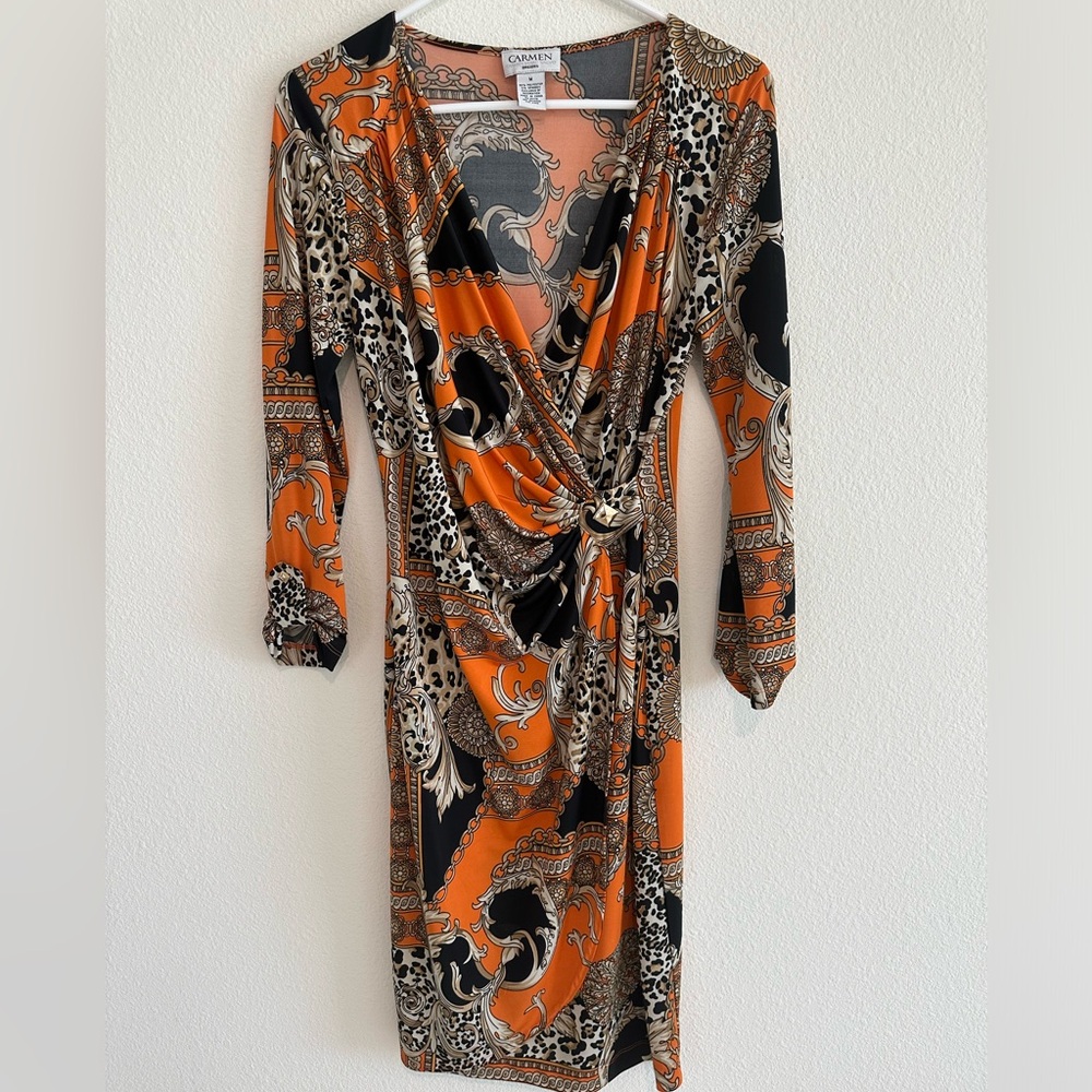 Carmen Marc valvo Orange paisley Wrap Dress